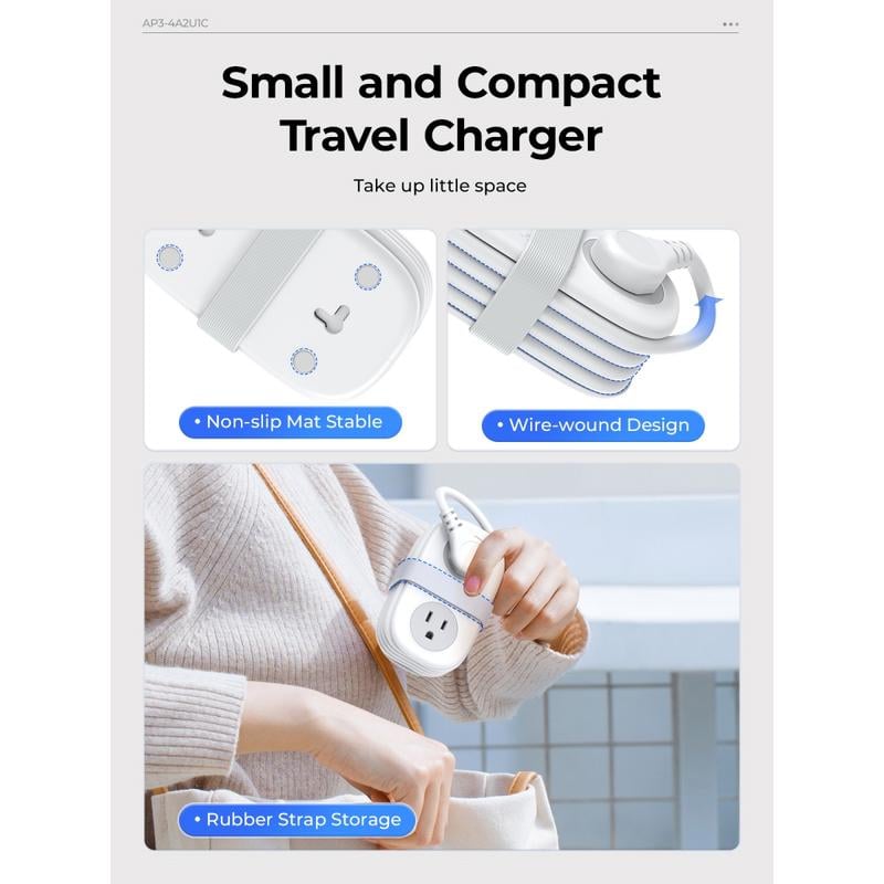 🌈Travel Power Strip, ORICO 4 Outlets 2 USB Ports (1 USB C) with 4FT Wrapped Short Extension Cord Small Power Strip
