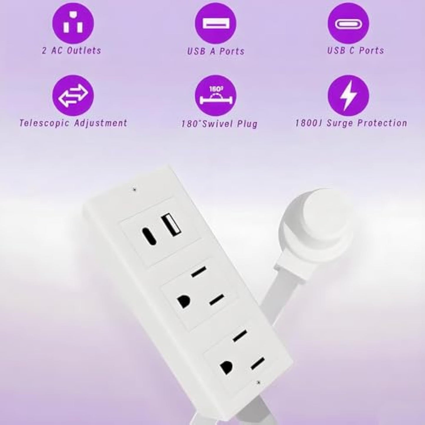 💥【Upgraded Version】Extendable 15.7-27.5 inches with extension pole, USB-A, USB-C and 2 AC power sockets with 180° rotation🔌