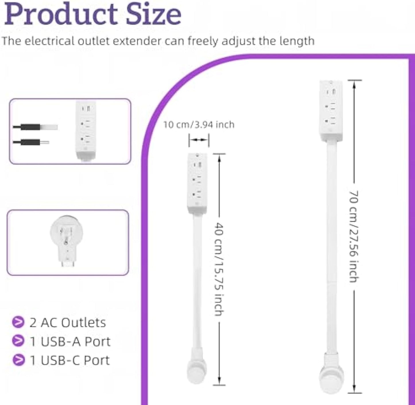 💥【Upgraded Version】Extendable 15.7-27.5 inches with extension pole, USB-A, USB-C and 2 AC power sockets with 180° rotation🔌