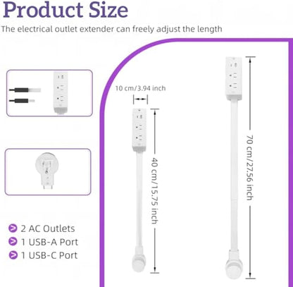 💥【Upgraded Version】Extendable 15.7-27.5 inches with extension pole, USB-A, USB-C and 2 AC power sockets with 180° rotation🔌